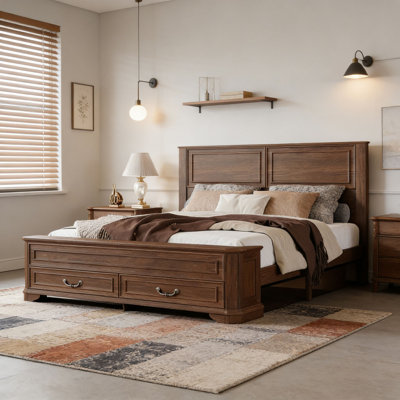 Queen Size Bed with Headboard and Storage Bench with 2 Large Drawers