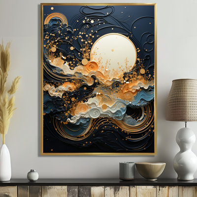 Golden Full Moon Rising Ocean Waves I - Abstract Landscape Wall Art Living Room