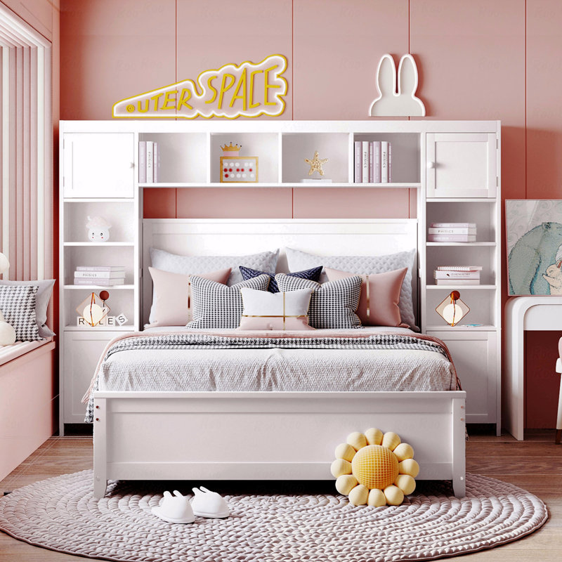 Structure de lit double en bois, armoire tout-en-un, tablette