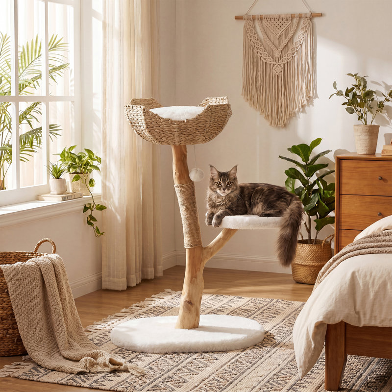 Arbre à chat en peluche à 3 niveaux avec panier en osier pour chatons