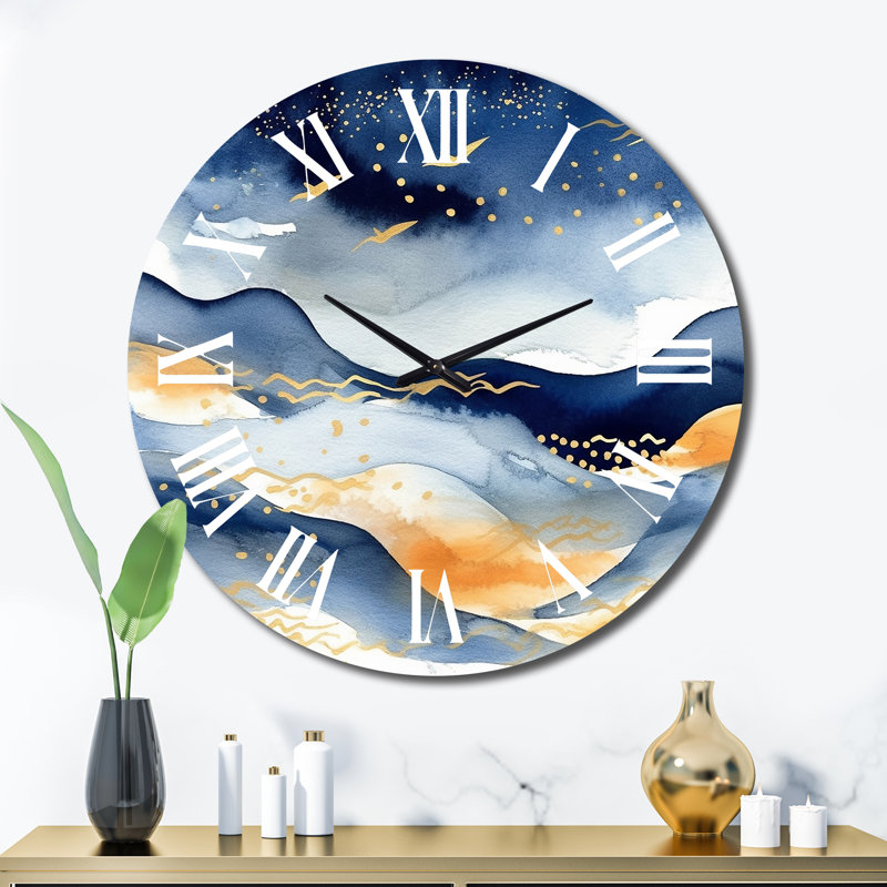 Horloge murale bleue foncé et dorée abstraite, Très grand