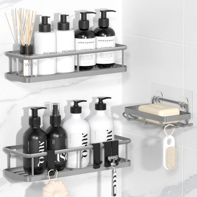 Adhesive Shower Caddy Organizer - No Drill Wall-Mounted Bathroom Storage Shelf With Removable Hooks, Rustproof Metal Construction, Heavy Duty Hold For Toiletries And Essentials