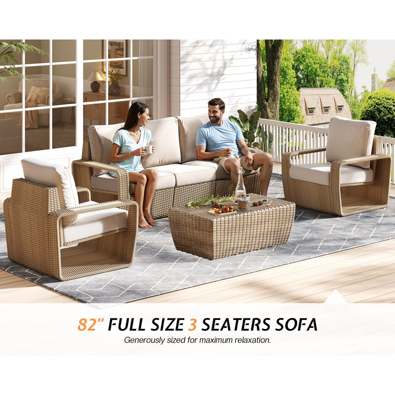 3-Piece Outdoor Patio Furniture Set, 82" Rattan Sofa & 2 Wicker Chairs with Under-Seat Storage, Deep Cushions & High Backrests, for Backyard Small Patios Balconies