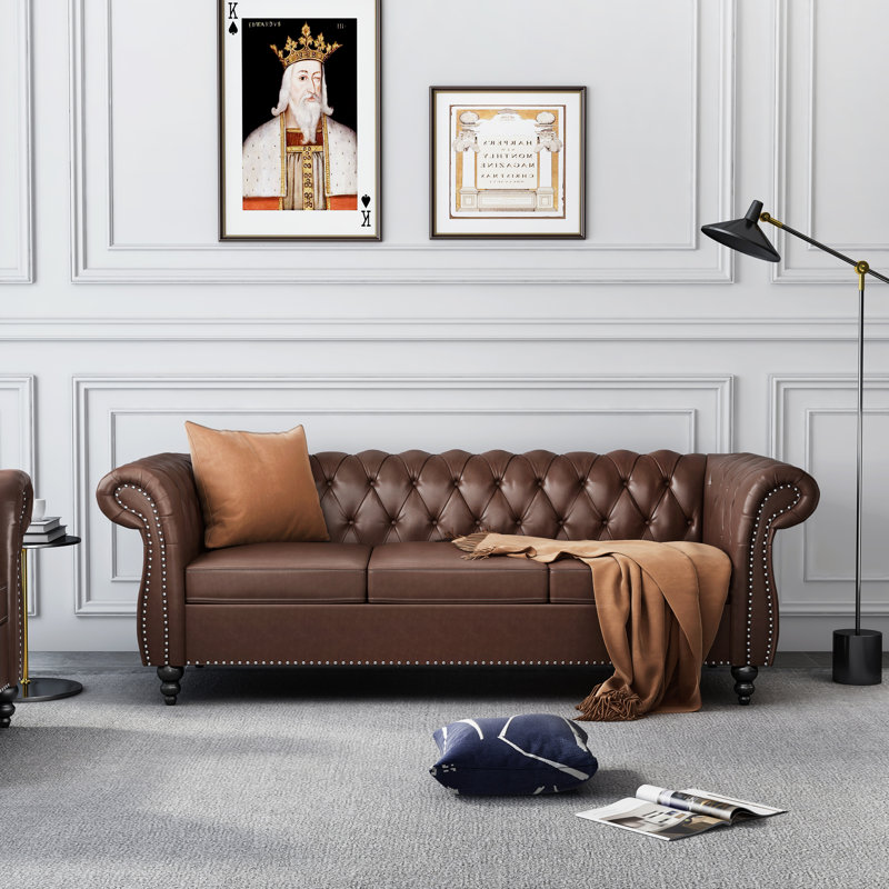 Canapé Chesterfield 3 places Elaiza, Brun foncé 1, H 29 po x l 84 po x P 32,5 po, Noir
