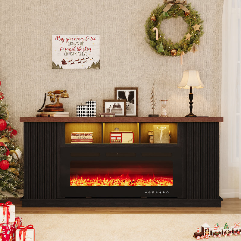 Brayden Studio® 70" Fireplace Tv Stand For Tvs Up To 75", 2 Door Main Cabinet With Led Light Bar, Tv Cabinet With Electric Fireplace, Fireplace Tv Stand For Living Room, Dark Walnut