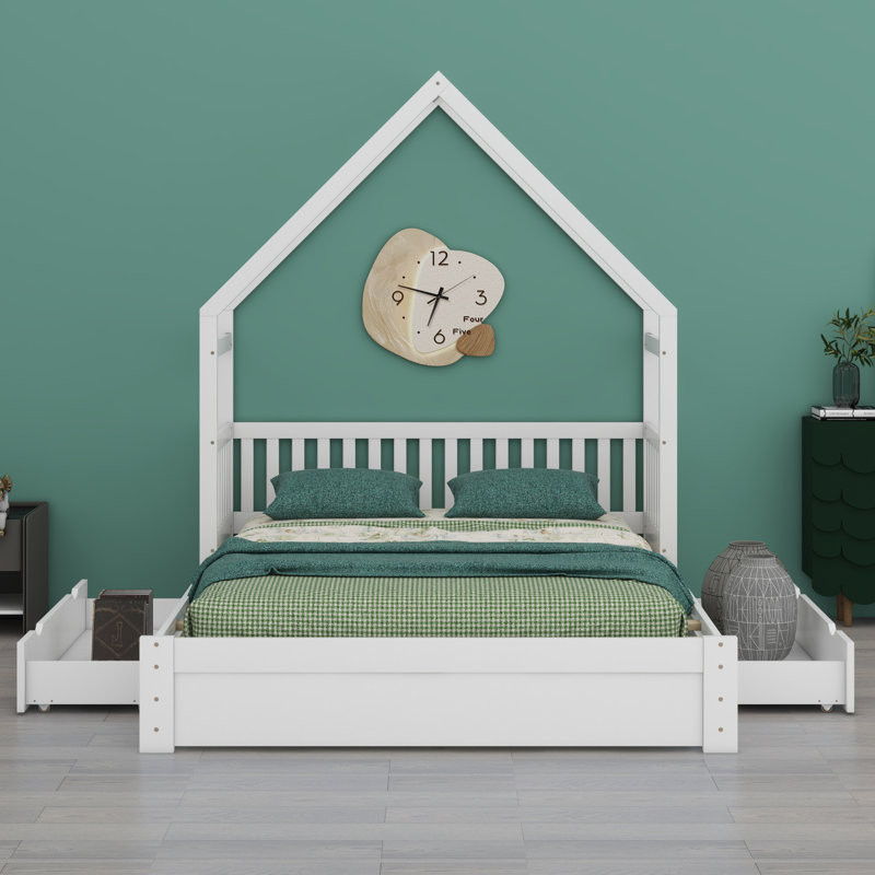 Lit plateforme House avec garde-corps et 2 tiroirs, Blanc