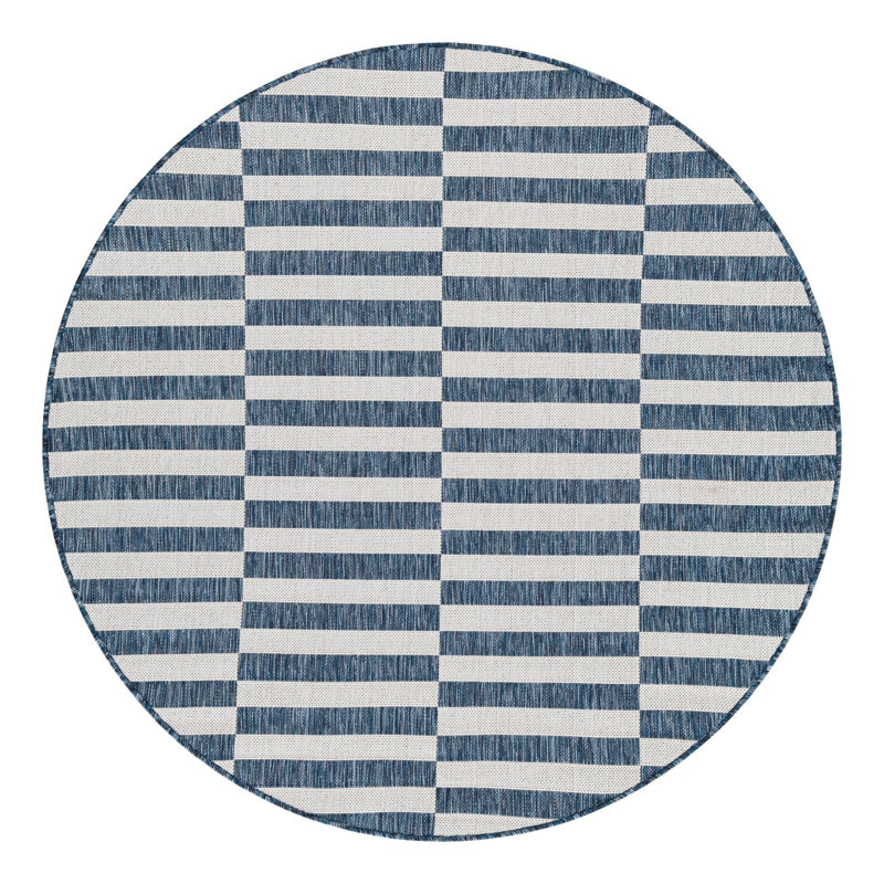 Pana Striped Navy Blue/Ivory Indoor / Outdoor Area Rug, Round 10'