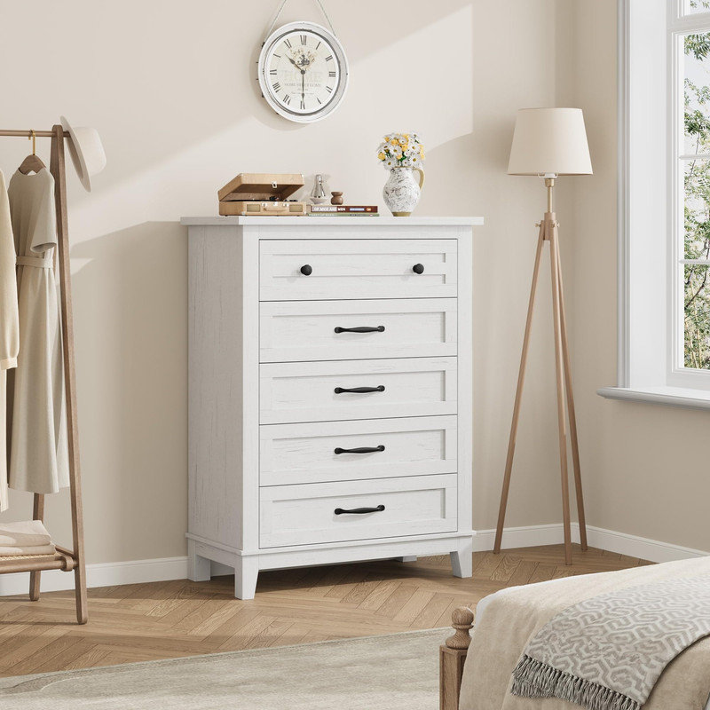 Commode autoportante à 6 tiroirs de 47 pouces de large en blanc - Commode en bois de grande capacité avec rangement moderne pour le salon, la chambre à coucher ou le vestibule