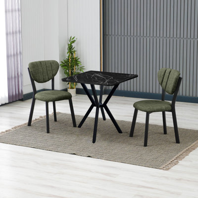 Ensemble de table et chaises de salle à manger extensible Modern (3 pièces), vert et noir | 100% panneau de particules revêtu de mélamine, table: 27,6 po x 29,1 po x 27,6 po, chaises: 18,5 po x 33,5 po x 17,7 po | Structure en métal durable, tissu de lin élégant, parfait pour les espaces de salle à manger élégants