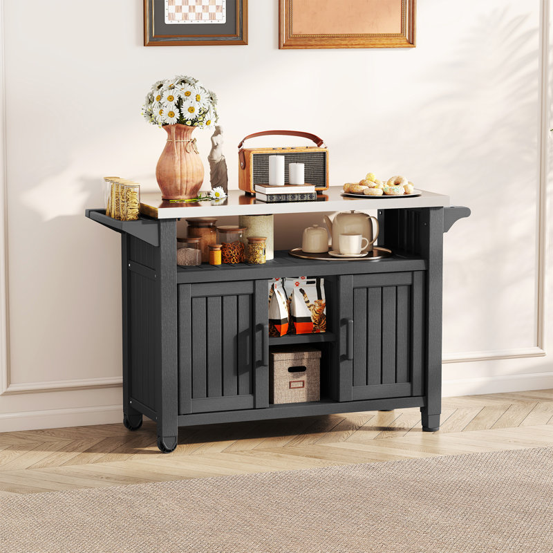 Kitchen Cart With Big Storage Cabinet, Movable Outdoor Dining Cart , Black