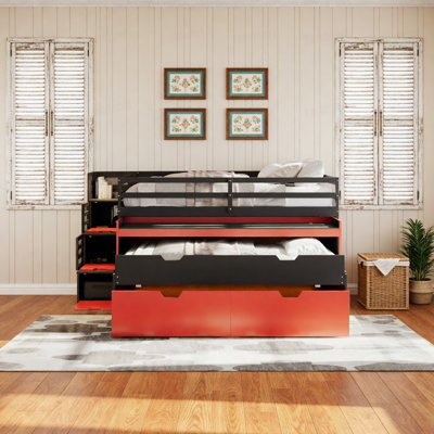 Full XL Loft Bed with Pull-Out Desk and Twin Trundle, Multi-Functional Bunk Bed with 2 Storage Drawers and Storage Steps, Space-Saving Gaming & Workstation Bedframe