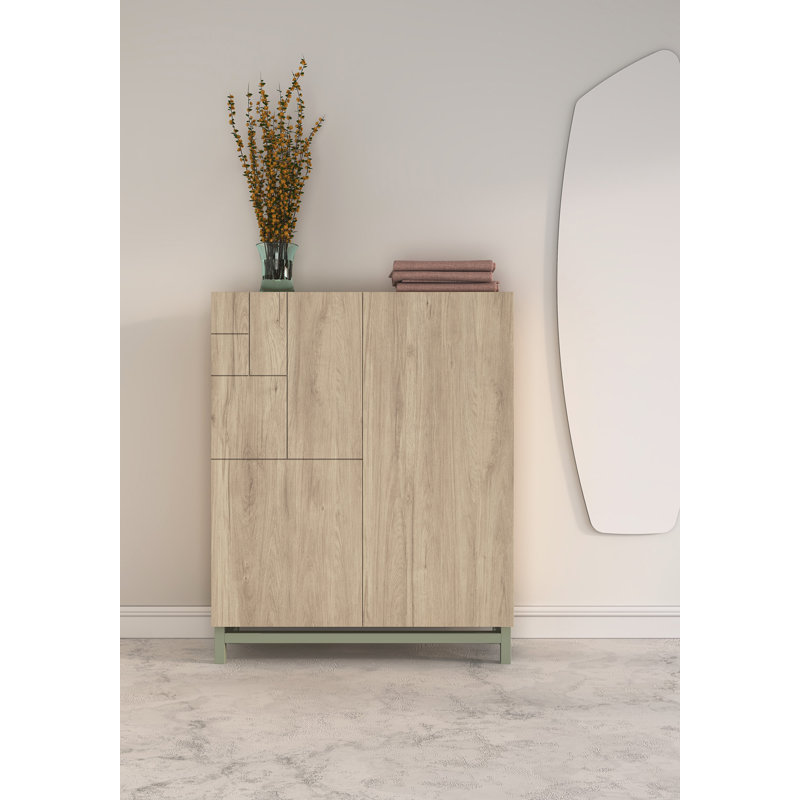 18 Pair Shoe Storage Cabinet, Light Oak/Green