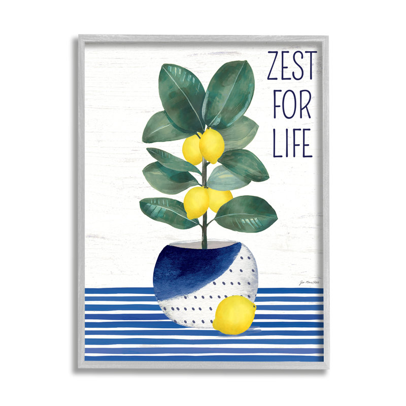 Zest for Life Lemon Plant Blue Stripes par Jennifer Pugh - impression, H 14 po x l 11 po, Estampe numérique Farmhouse