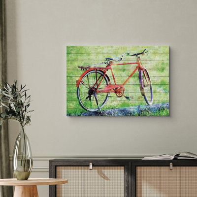 Aquarelle, pastel, vert, vélo rétro, transport, vélos, effet bois, panneaux, rustique