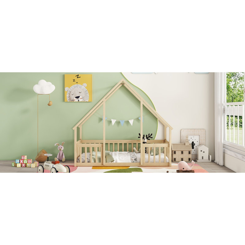 Twin Wood House-Shaped Floor Bed With Fence, Guardrails ,Natural, Twin 