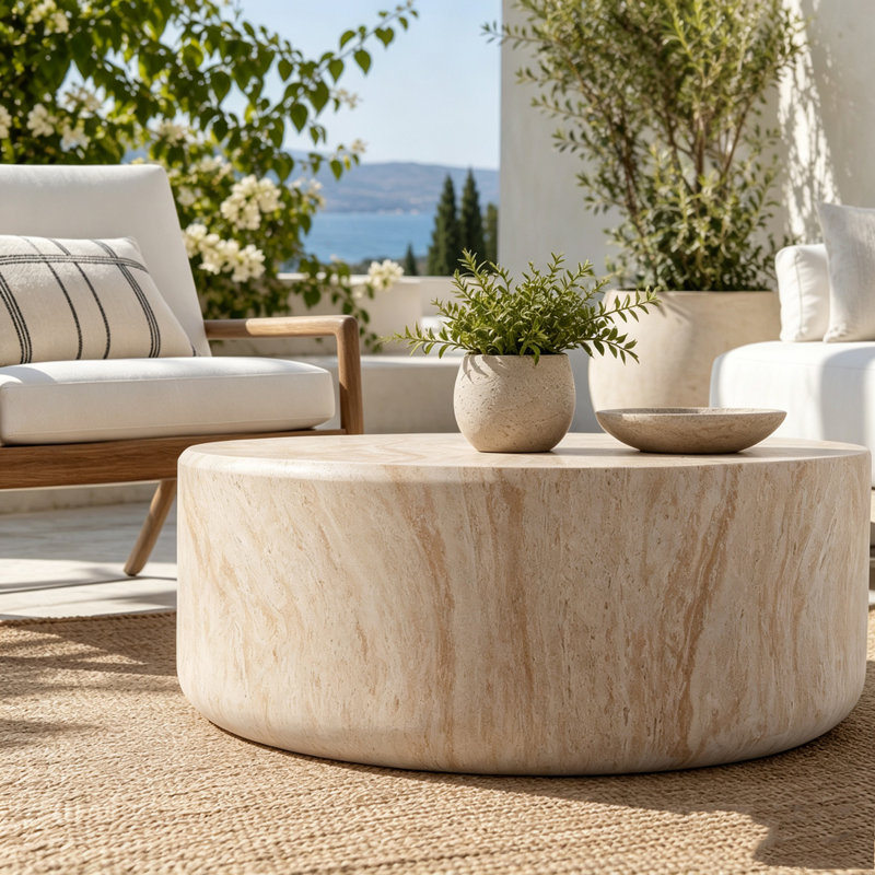 Low-Profile Faux Travertine Drum Coffee Table