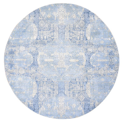Tapis bleu rond en laine nouée à la main de 6 po x 6 po et en soie pure avec des couleurs douces, tapis oriental 147A086DBE5048EEAD63B3FBC14740E5