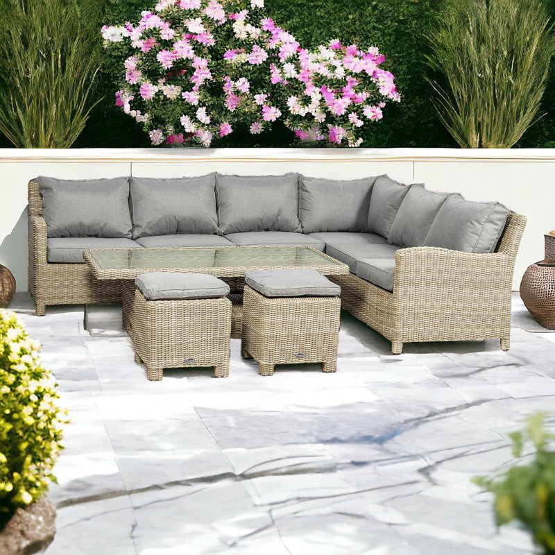 WENTWORTH Deluxe Modular Corner Dining / Lounging Set (2 x LH & RH sofa, 1 x Corner Seat, 1 x Middle Chair, 1 x 150cm x 80cm Height Adjustable Table (68cm Dining / 50cm Coffee) & 2 Stools including Cushions