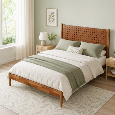 Solid Acacia Wood Platform Bed with Hand-Woven Vegan Leather Headboard