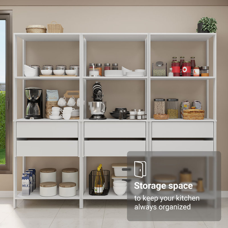  Armoire de rangement pour garde-manger avec 6 tiroirs et tablettes ouvertes L 82 po, Blanc