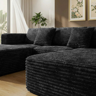 111" U/L Shape Cloud Modular Sectional Sofas with 2 Ottomans, Luxury Durable Corduroy Boneless Couches, No Assembly Required for Living Room Black Sofa