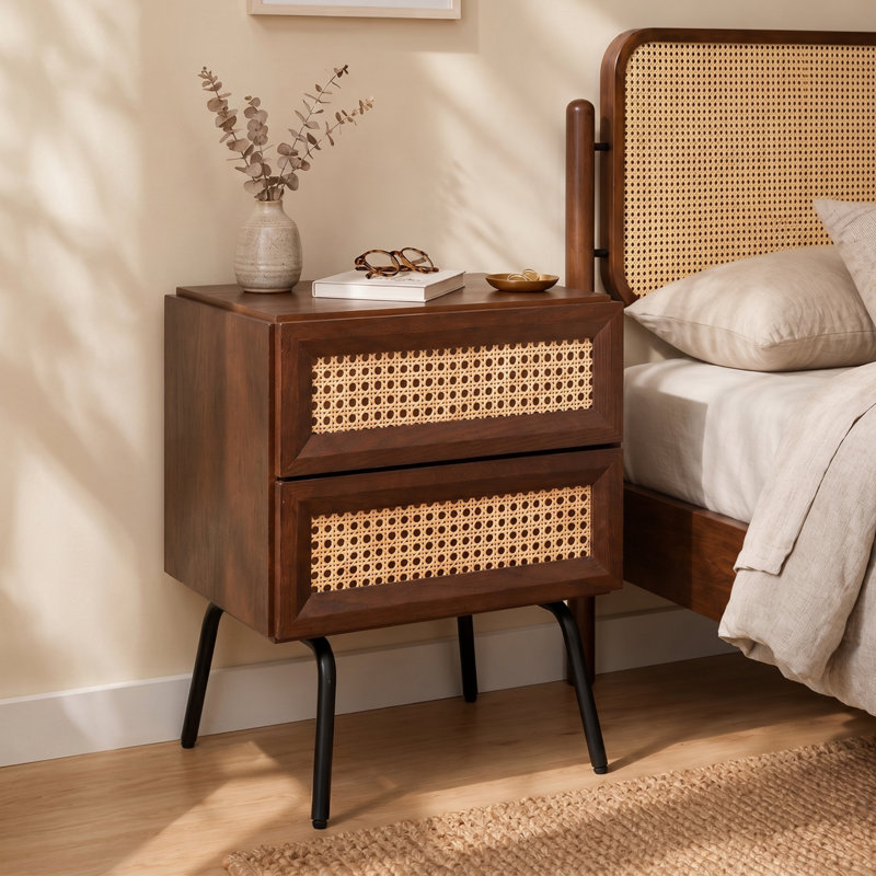  NTC Solid Drawer Face Lulu Nightstand with Natural Rattan Drawer, Mid-Century Side Table for Bedroom, Bedside Furniture, Nightstand, End Table – Waterproof, Heat Resistant, and Easy to Assemble