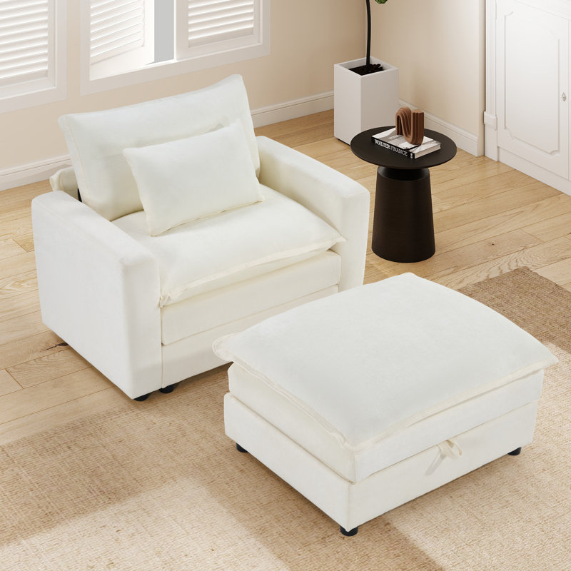 46" Wide Modern Soft Chenille Upholstered Chair And A Half With Storage Ottoman, White