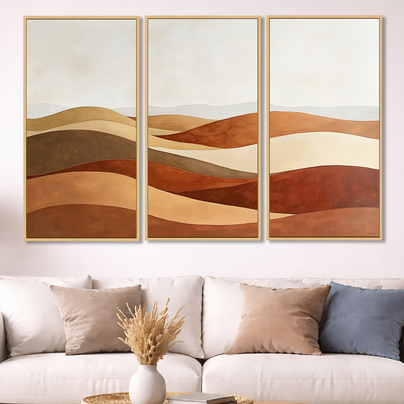 Warm Desert Dunes - Art mural encadré à 3 paysages, H 40 po x l 60 po, Cadre naturel flottant