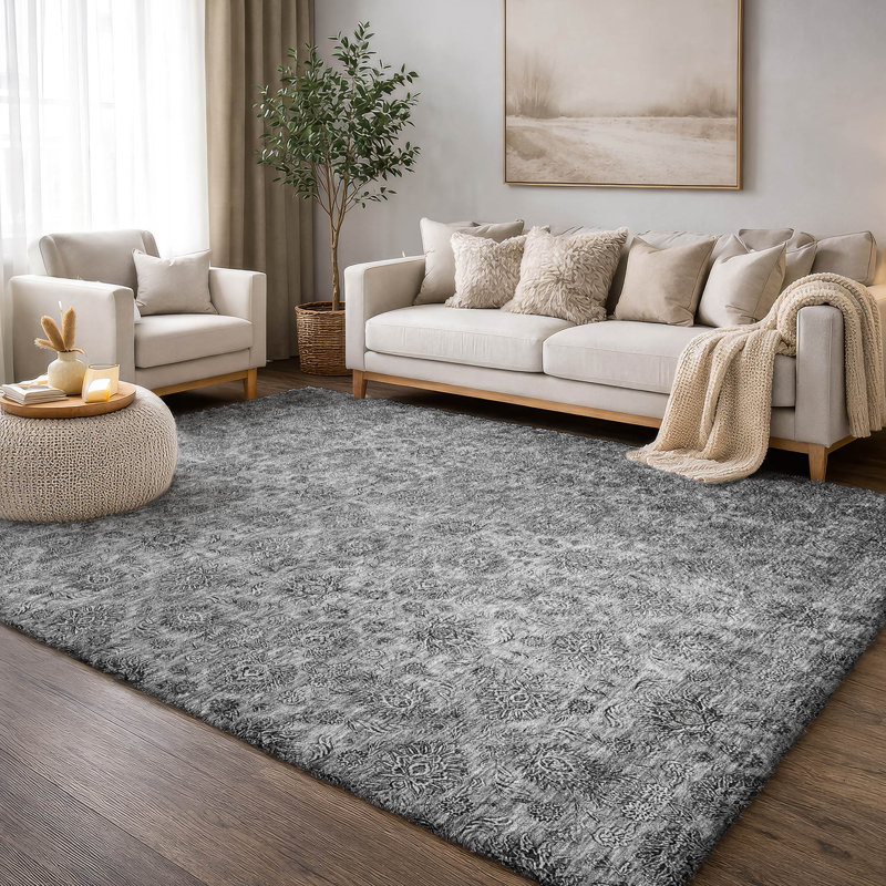 Tapis floral à poils longs de qualité supérieure lavable à la machine ADS702, Gris, 5 pi x 7 pi 6 po