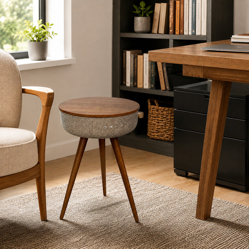 Table d'appoint intelligente en bois de noyer 15,67 po avec haut-parleur Bluetooth, charge sans fil et batterie intégrée