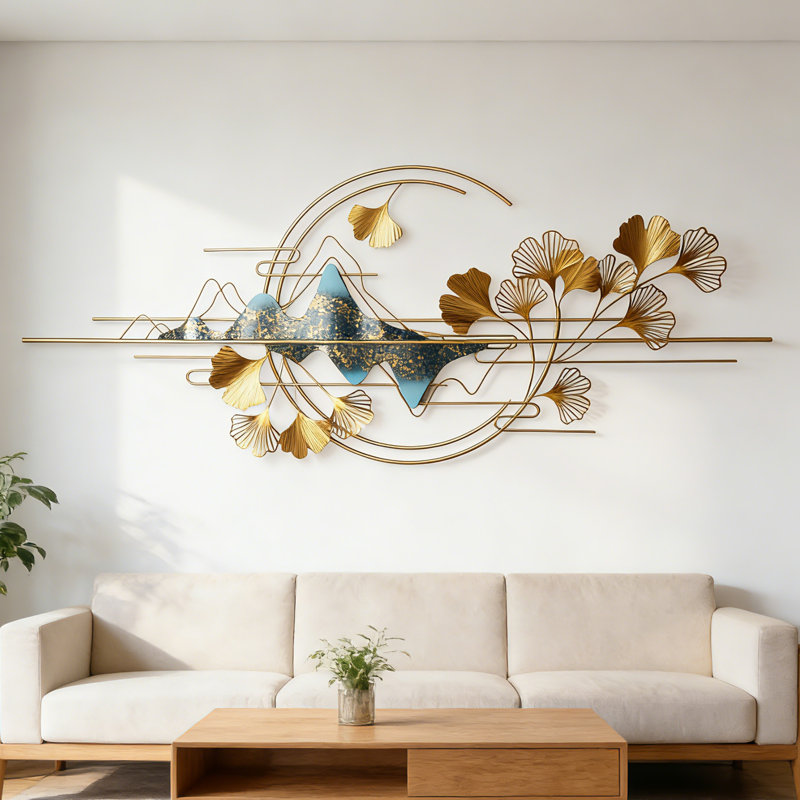 3d Gold Metal Ginkgo Leaf Wall Art, 25" H x 59.23" W x 3" D