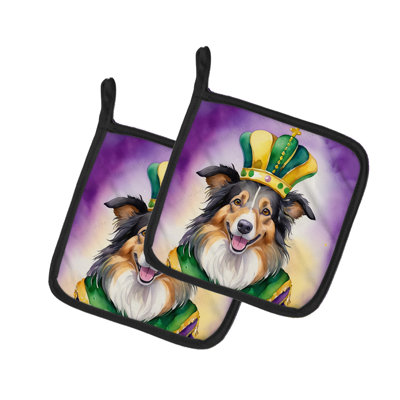 Collie King of Mardi Gras Pair of Pot Holders