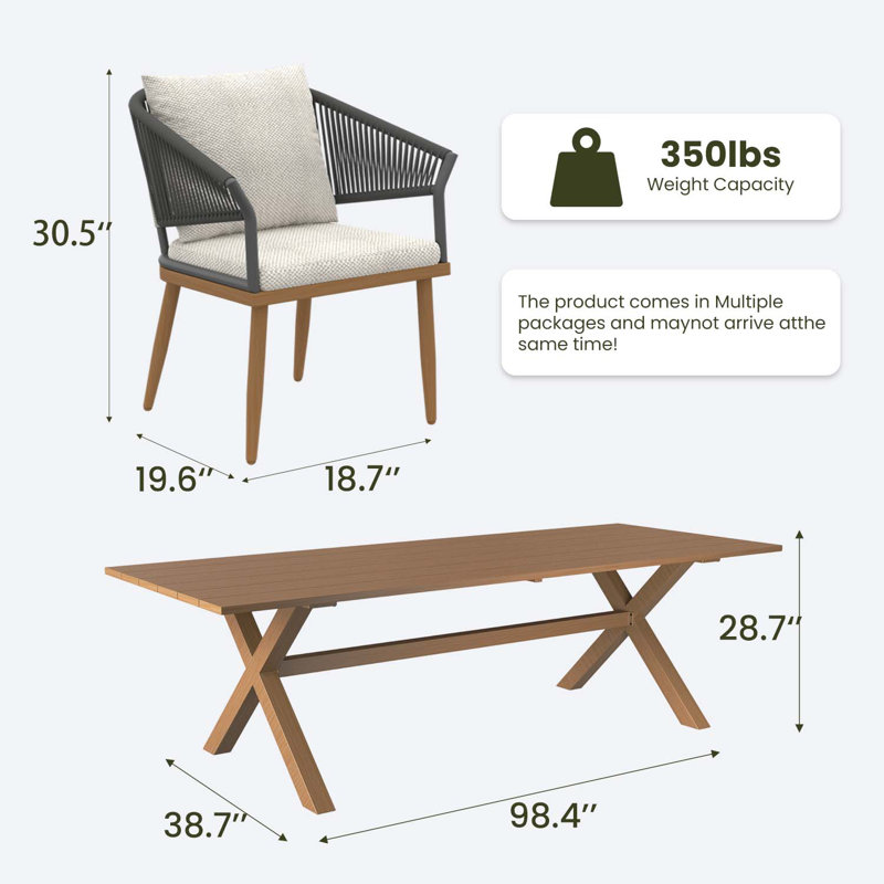 Rectangular Outdoor Dining Set With Cushions, Beige Cushion/Brown/Grey Frame, 10