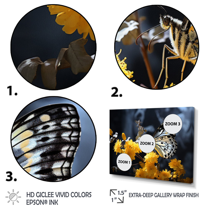 «Samaj Yellow Grey Butterfly Haven I», reproduction sur toile, H 12 po x l 20 po x P 1 po, Cadre flottant blanc