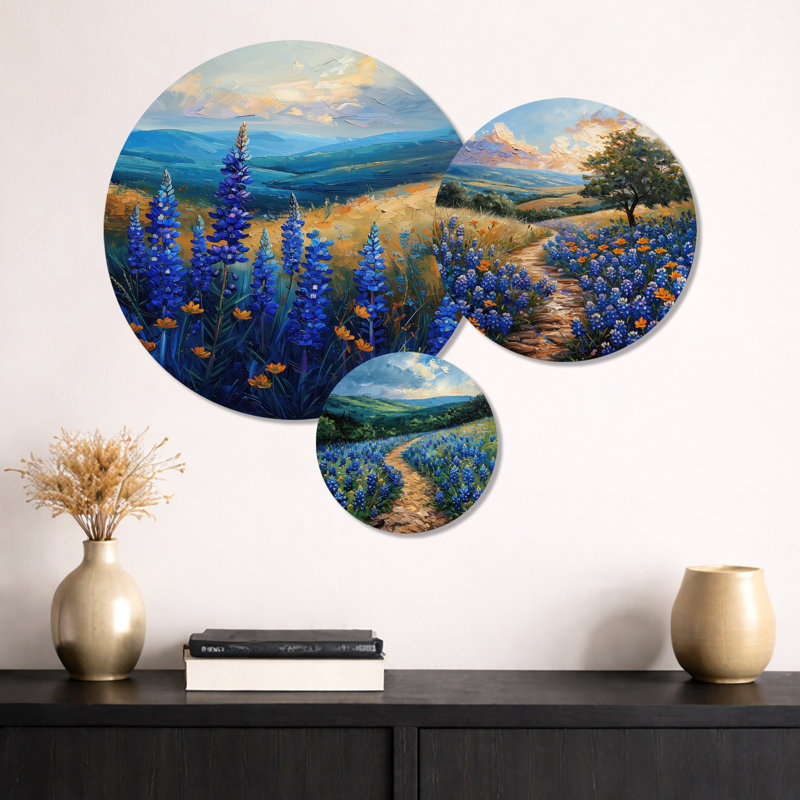 «Blue green meadow Charm Blue Bonnets I - Blue Bonnets», ensemble de 3 reproductions d'art mural en métal