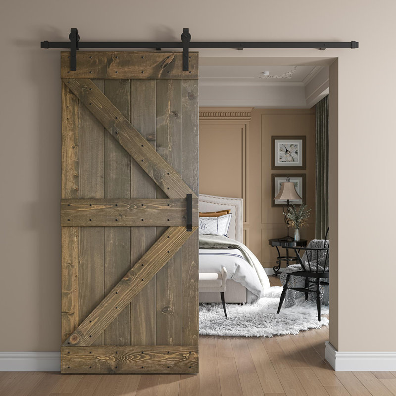 Porte de grange nouée à panneaux en bois et métal K Series, 38 po x 84 po, Gris fumé