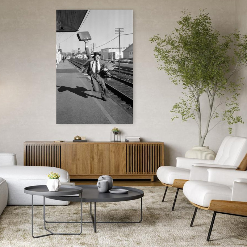 Art mural contemporain des années 1950 avec une mallette dans l'air, H 48 po x l 32 po
