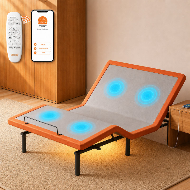 Lit réglable avec massage, télécommande sans fil, contrôle des applications, gravité zéro, éclairage sous le lit, ports USB et de type C des deux côtés