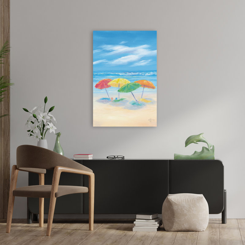«Bliss On The Bay - Coastal Tropical Beach Umbrellas Ocean Waves Bright Art», H 36 po x l 24 po
