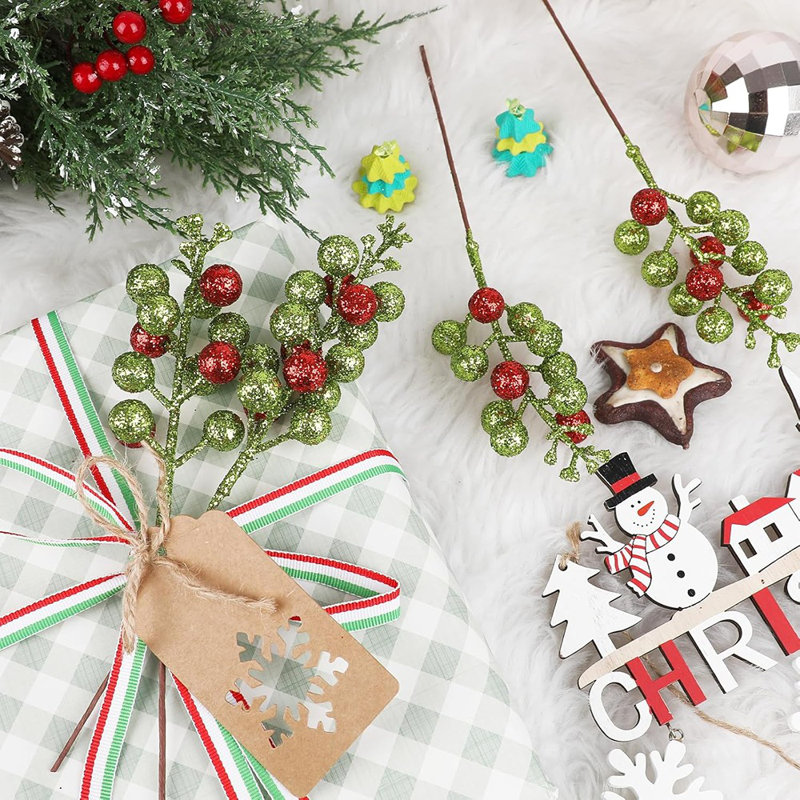 20 pièces de tiges de baies artificielles - branches d'arbre de Noël scintillantes rouges et vertes de 7,8 po, bourre de branches pour couronnes, guirlandes et décorations de maison de vacances