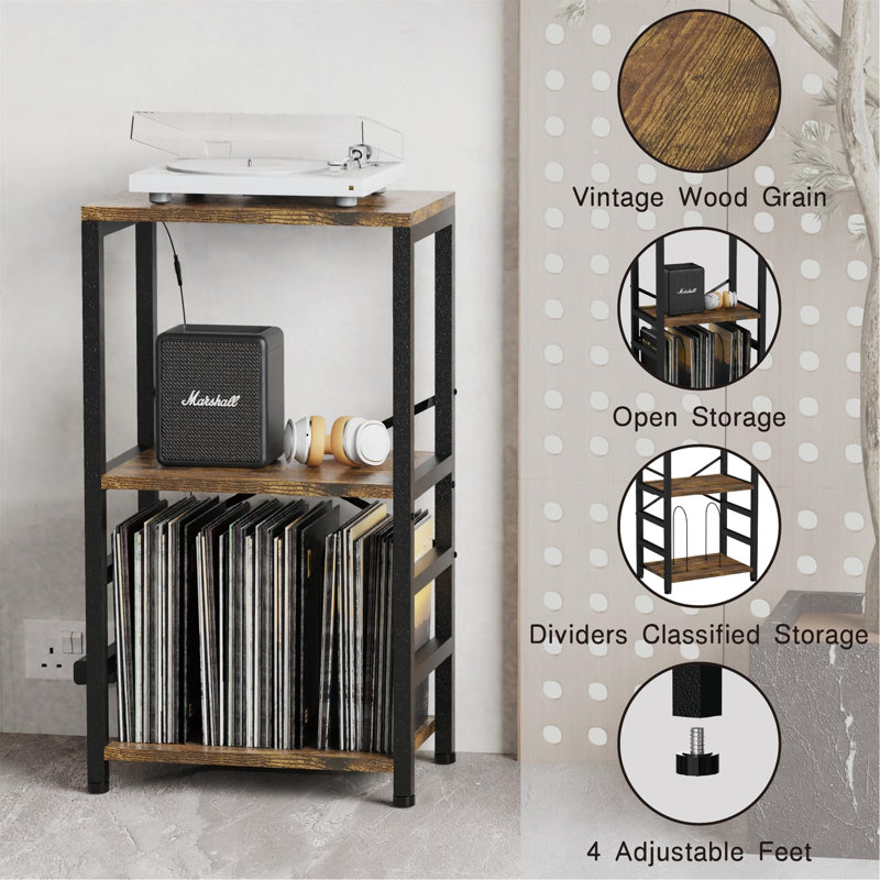 Record Player Stand with LED Light, Brown