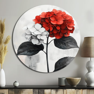 Monochrome Hydrangeas With Red Petal Accent I - Hydrangea Round Metal Wall Art