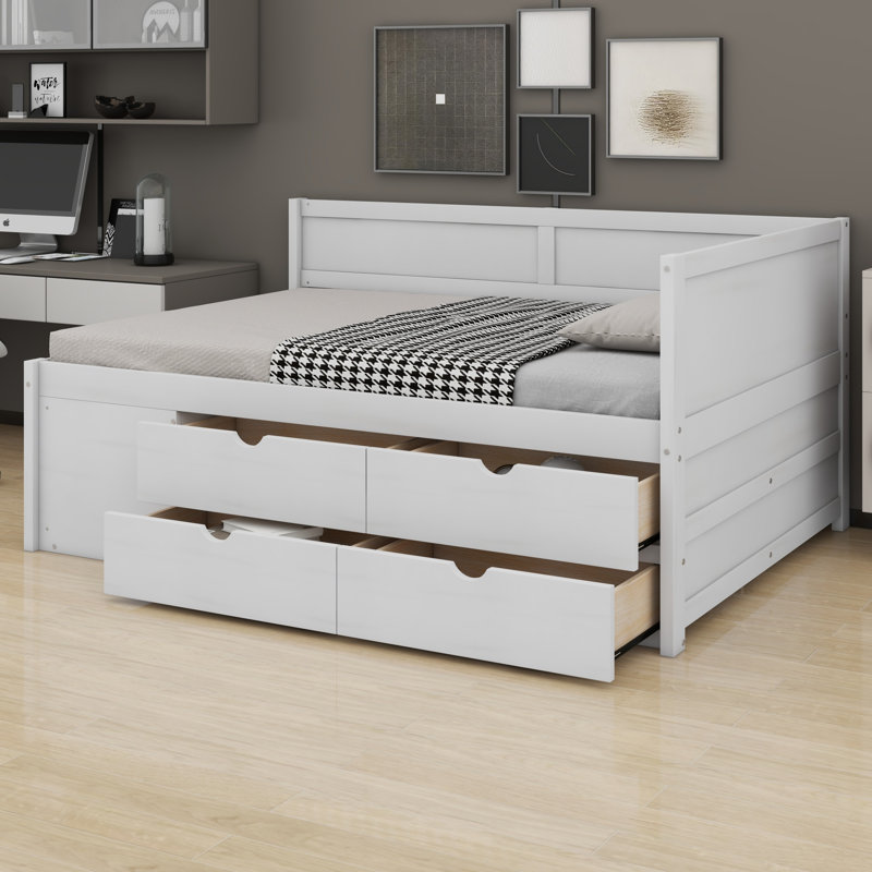 Lit de jour double avec tiroirs et tablettes, Double, Blanc