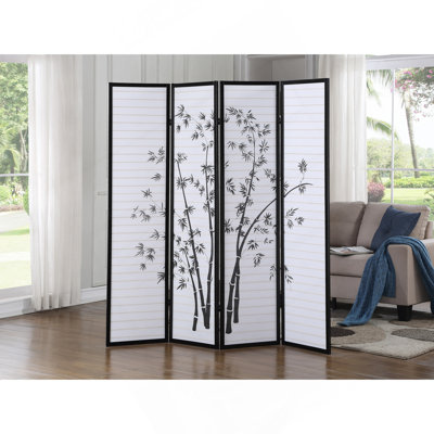 Bamboo Print 4-Panel Framed Room Screen/Divider, Black