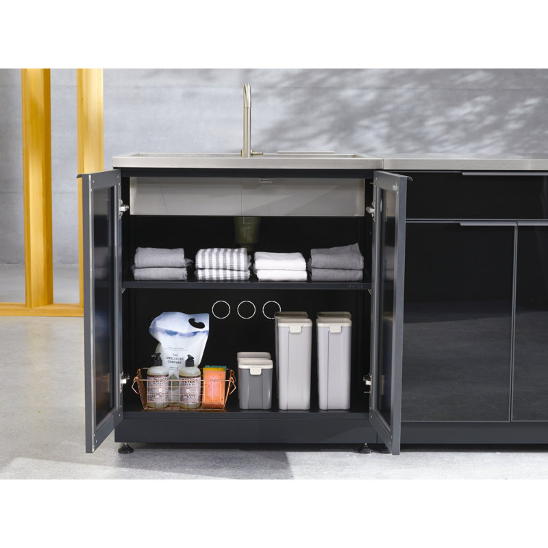 Ensemble de 5 armoires d'extérieur en aluminium noir avec bar, barbecue, évier, barbecue au propane liquide 40 po et plateau blanc 32 po Dekton