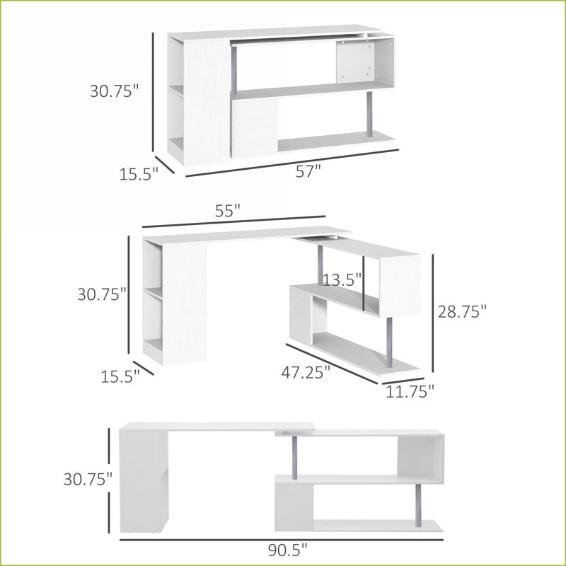 Desks 55” Modern 360° Rotating L-Shaped Home Office Workstation with 3-Tier Storage | White | Engineered Wood