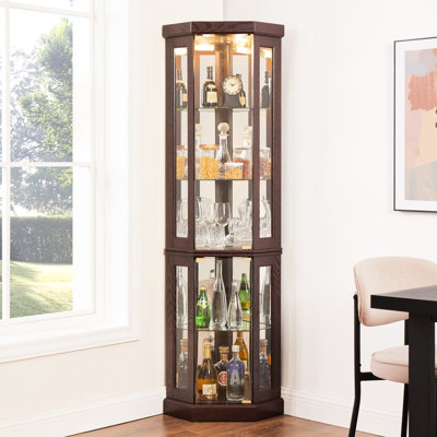 Living Room Dark Cherry Curio Cabinet - Corner Glass Display With Adjustable Shelves And Built-In Feature Doors, Included