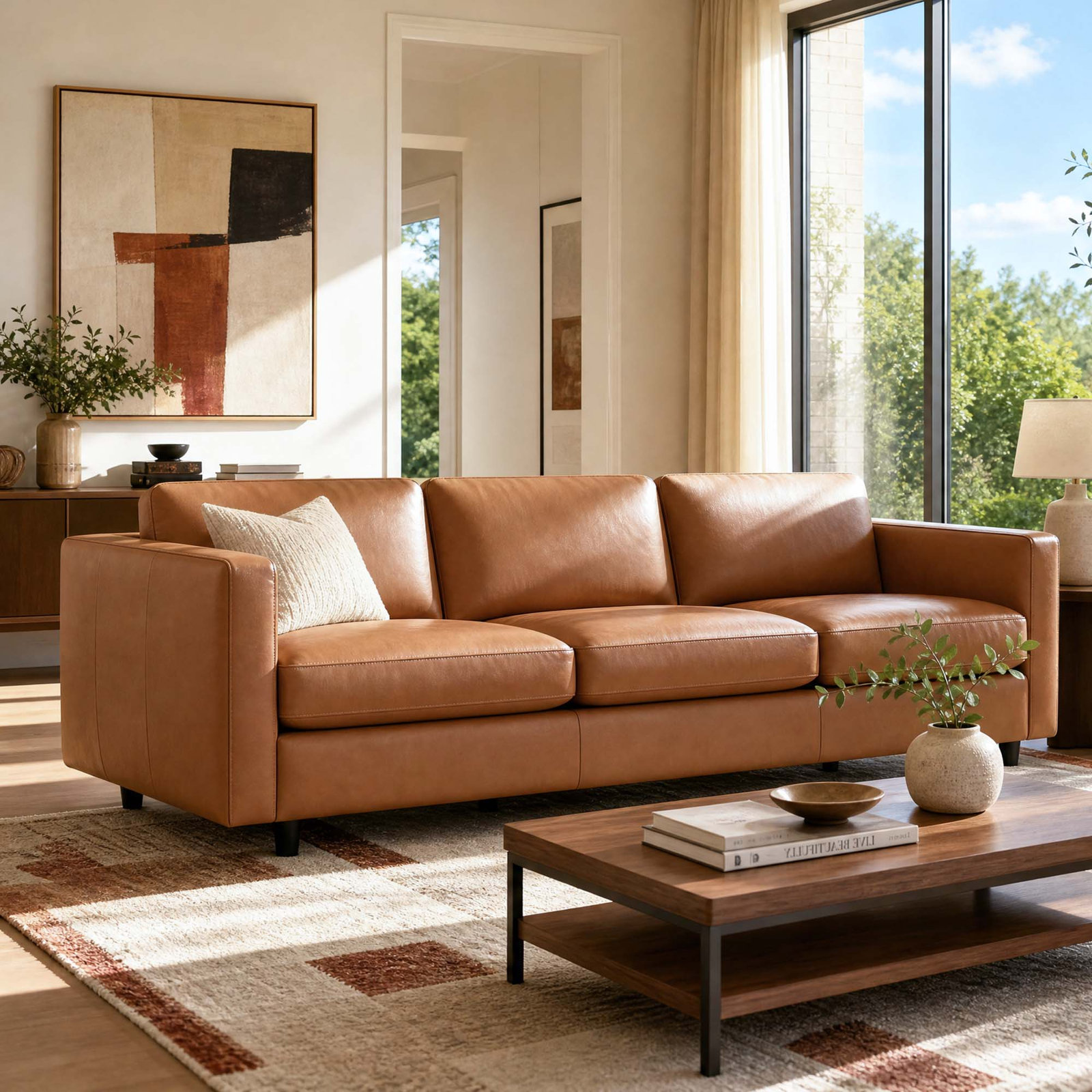 Fleetwood 99" Velvet Sofa, Butternut Genuine Leather