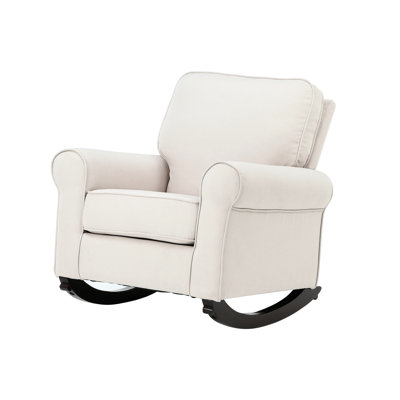 Chaise berçante, tissu beige, siège à ressorts ensachés, pieds en bois, largeur, profondeur, hauteur, dossier avec accoudoirs, capacité de poids, siège en tissu de longueur de couloir, structure intérieure, coussin amovible, 21 po, 20 po et 23 po