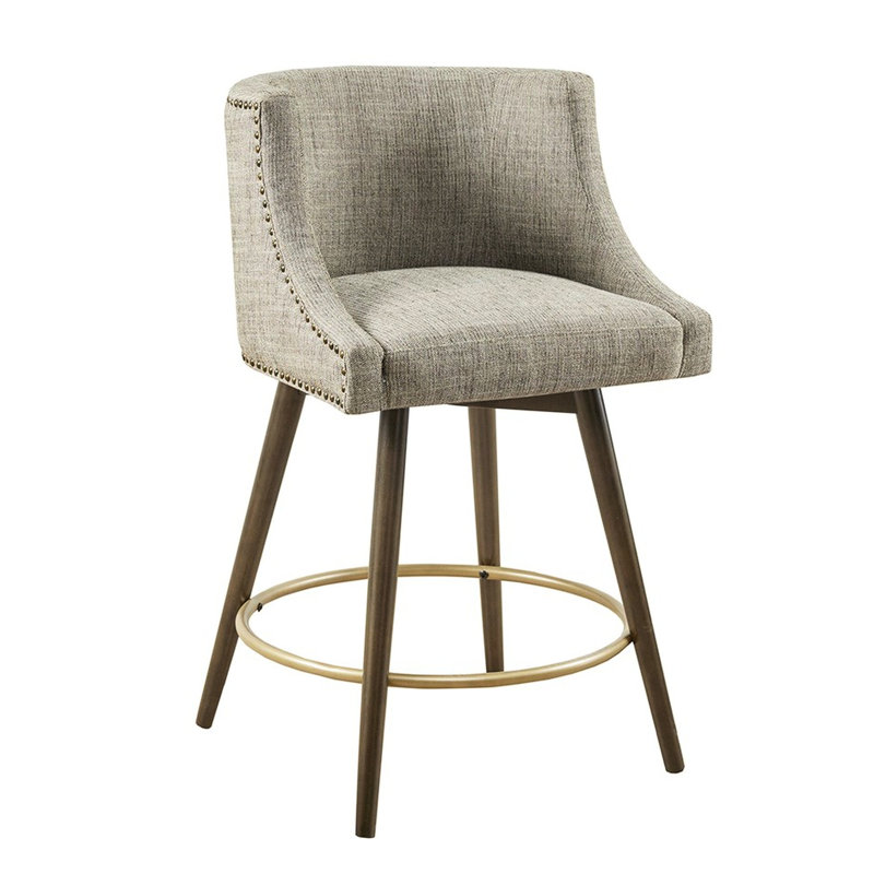 Tabouret de comptoir pivotant beige - Fabrication en bois massif café foncé, pieds de siège tendance à 360 °, bronze antique